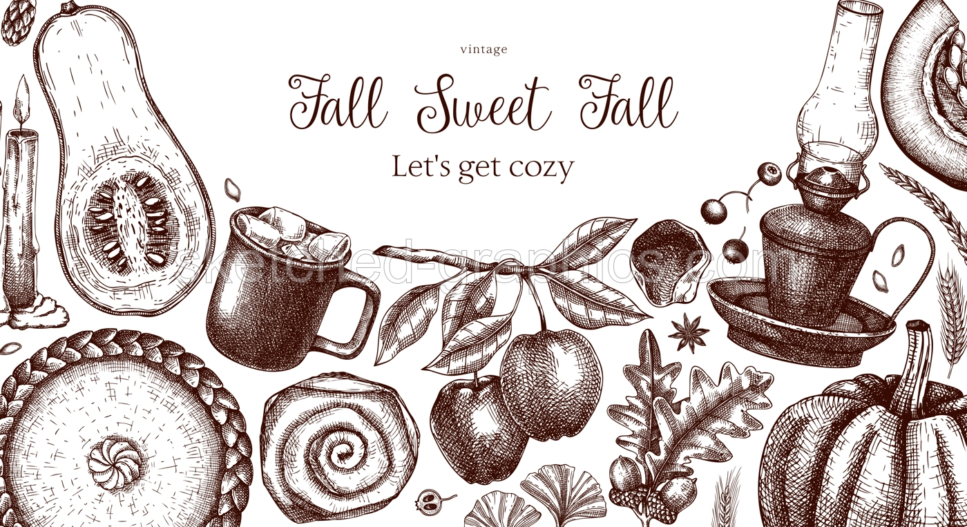 Vintage autumn frame design template. Hand-drawn vector illustration. Pumpkin, hot drink, fruit, pie, pastry, fall leaves sketches. Thanksgiving background  Illustration